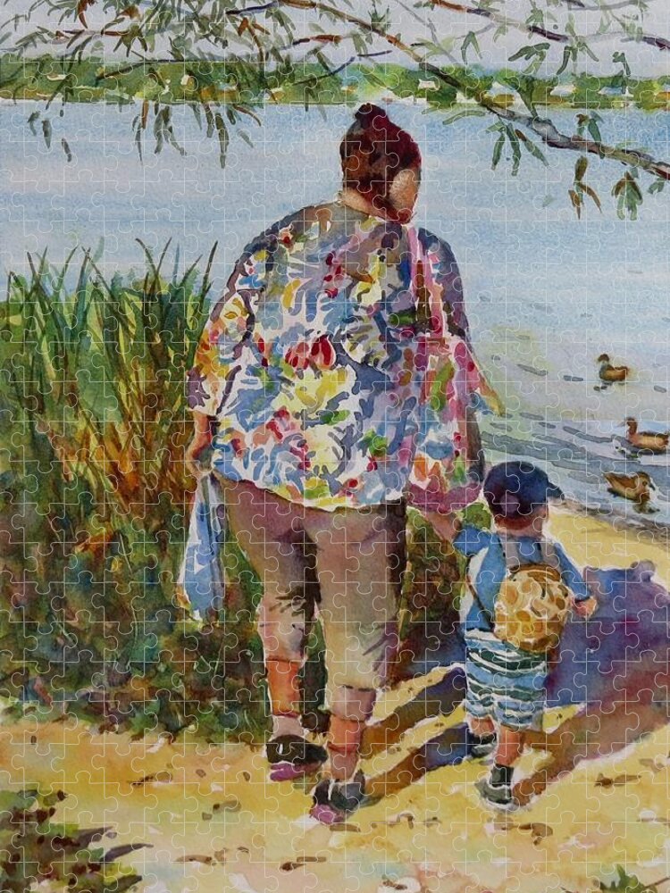 Landscape Jigsaw Puzzle featuring the painting Mom and Boy with Ducks by David Gilmore