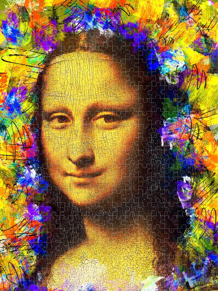 Mona Lisa Jigsaw Puzzle featuring the digital art Mona Lisa golden colorful portrait - digital recreation by Nicko Prints