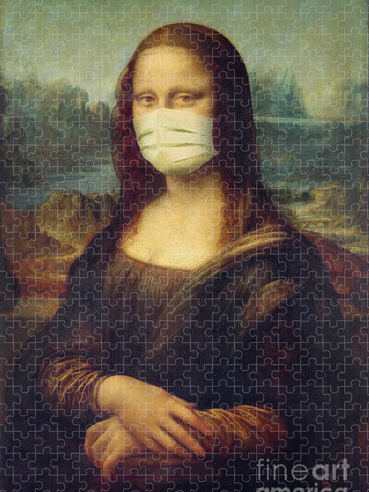 Mona Lisa Jigsaw Puzzle featuring the painting Mona Lisa wearing a mask by Delphimages Photo Creations
