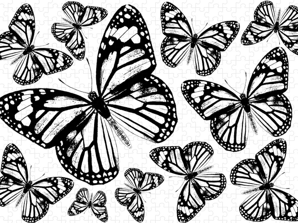 Monarch Butterflies Jigsaw Puzzle featuring the digital art Monarch Butterflies - Black and White by Eclectic at Heart