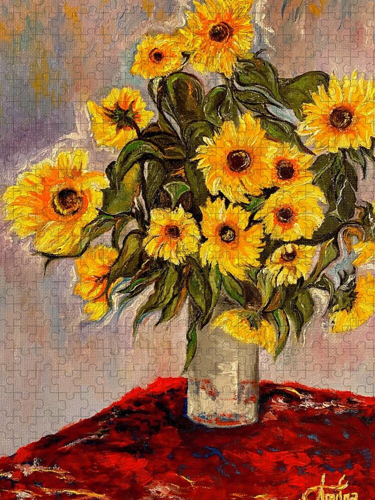 Sunflowers Jigsaw Puzzle featuring the painting Monets Sunflowers by Anitra by Anitra Handley-Boyt