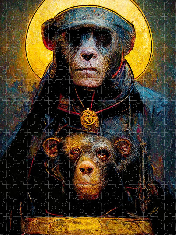 Holy Primates Jigsaw Puzzle featuring the painting Monkey Business - oryginal artwork by Vart. by Vart