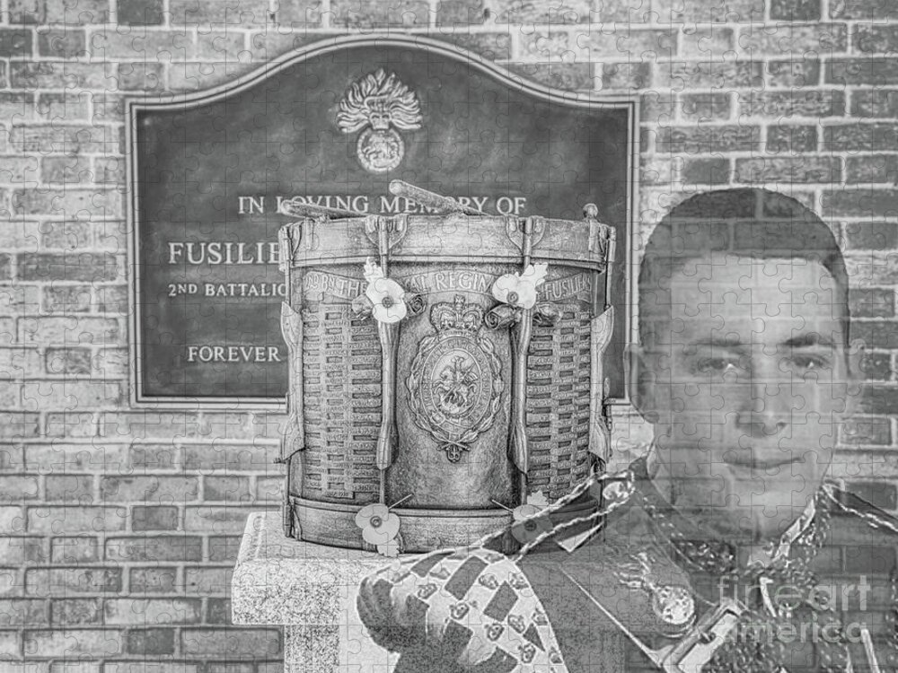 Monochrome Jigsaw Puzzle featuring the photograph Monochrome Lee Rigby memorial bronze drum and plaque Middleton, memorial garden by Pics By Tony