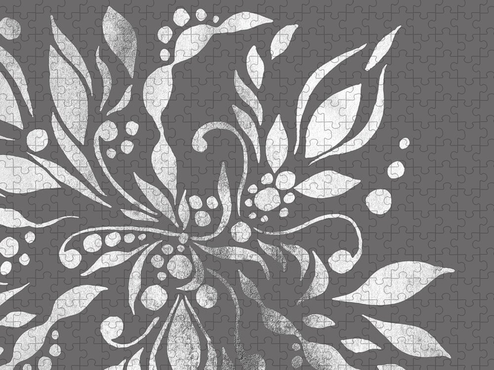 Floral Pattern Jigsaw Puzzle featuring the painting Monochrome Silver Gray Floral Design With Leaves Berries Flowers Pattern III by Irina Sztukowski