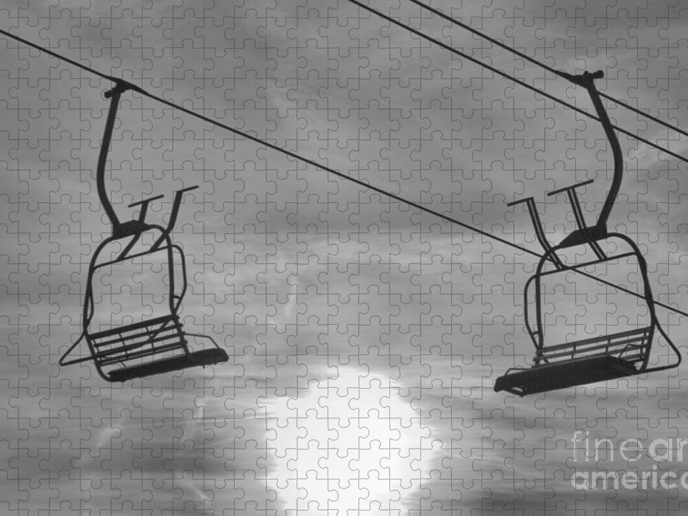 Montage Jigsaw Puzzle featuring the photograph Montage Ski Chairs Over The Sun Black And White by Adam Jewell