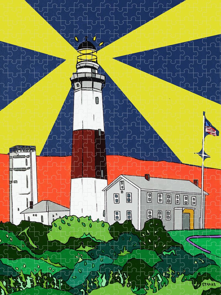 Montauk Point Lighthouse Longisland Eastend Jigsaw Puzzle featuring the painting Montauk Light House by Mike Stanko