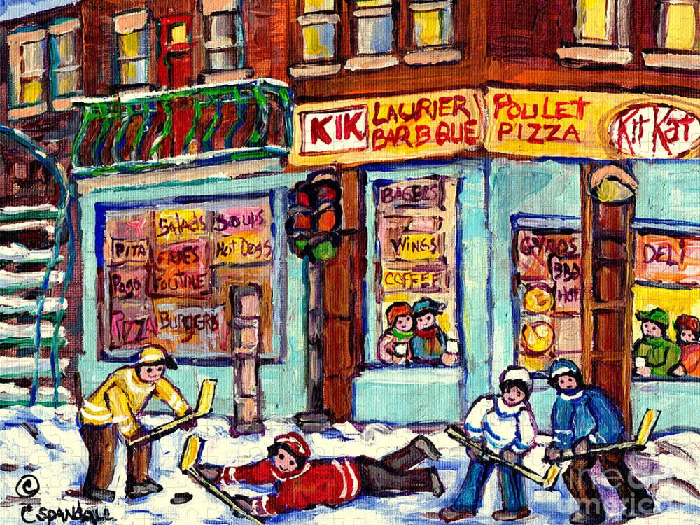 Montreal Jigsaw Puzzle featuring the painting Montreal Winter Scene Painting Hockey Game At Laurier Bbq C Spandau Canadian Artist Quebec Art    by Carole Spandau