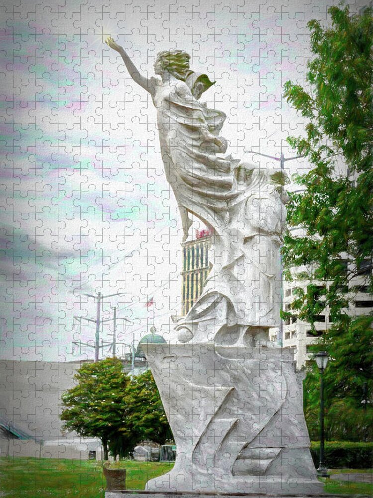 Mississippi River Walk Jigsaw Puzzle featuring the photograph Monument To The Immigrant - NOLA Riverwalk by Debra Martz