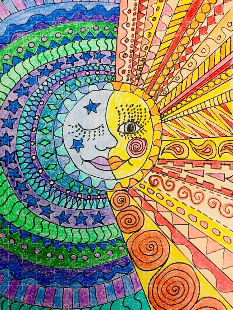 Moon Jigsaw Puzzle featuring the drawing Moon and Sun by Ellen Levinson