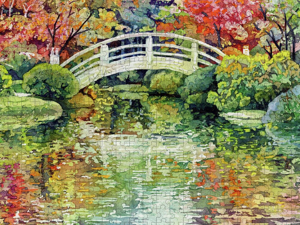 Moon Bridge Jigsaw Puzzle featuring the painting Moon Bridge - Japanese Garden by Hailey E Herrera