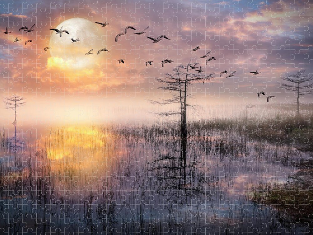 Birds Jigsaw Puzzle featuring the photograph Moon Rise Flight by Debra and Dave Vanderlaan