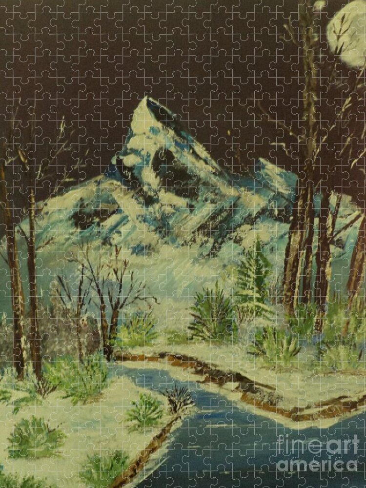 Mountains Jigsaw Puzzle featuring the painting Moonlight In The Mountains Painting # 296 by Donald Northup