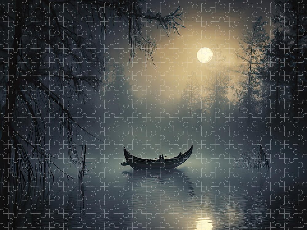 Boat In The Fog Jigsaw Puzzle featuring the photograph Moonlight Reverie - Dreamy Art by Lourry Legarde