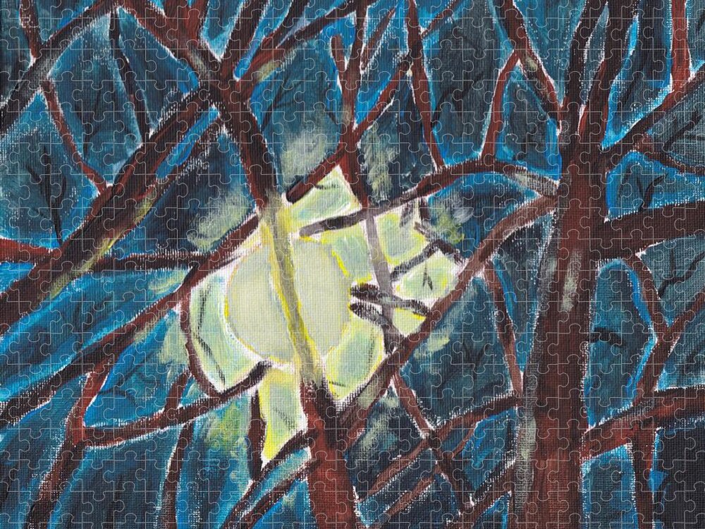 Acrylic Jigsaw Puzzle featuring the painting Moonlight through the Trees by Christopher Reed