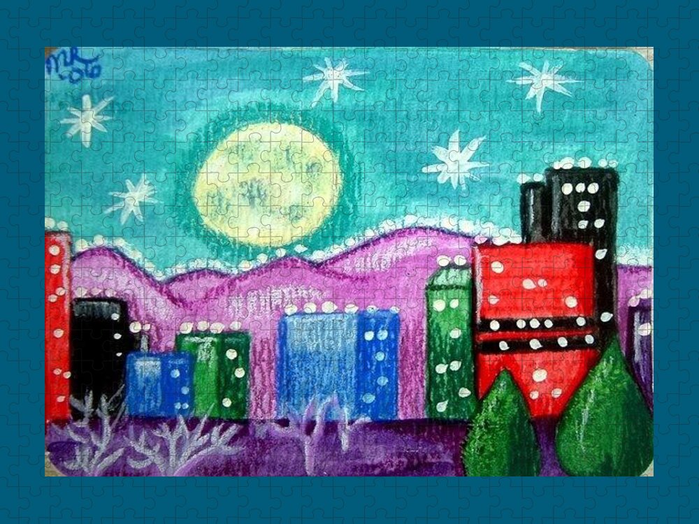 Cityscape Jigsaw Puzzle featuring the painting Moonlit Cityscape by Monica Resinger