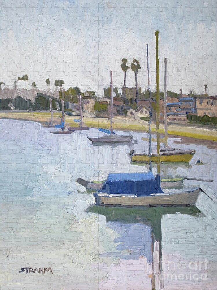 Boats Jigsaw Puzzle featuring the painting Moored on Santa Barbara Cove - Mission Beach, San Diego, California by Paul Strahm