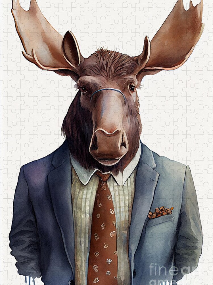 Moose Jigsaw Puzzle featuring the painting Moose in Suit Watercolor Hipster Animal Retro Costume by Jeff Creation