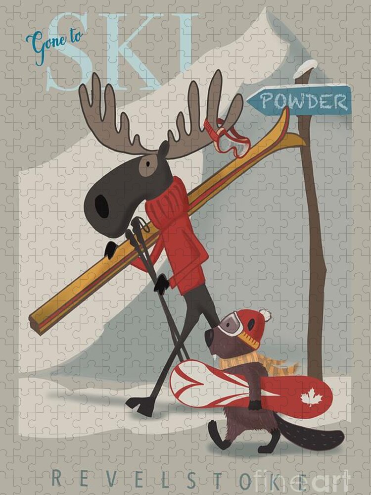 Ski Poster Jigsaw Puzzle featuring the painting Moose Ski Revelstoke by Sassan Filsoof