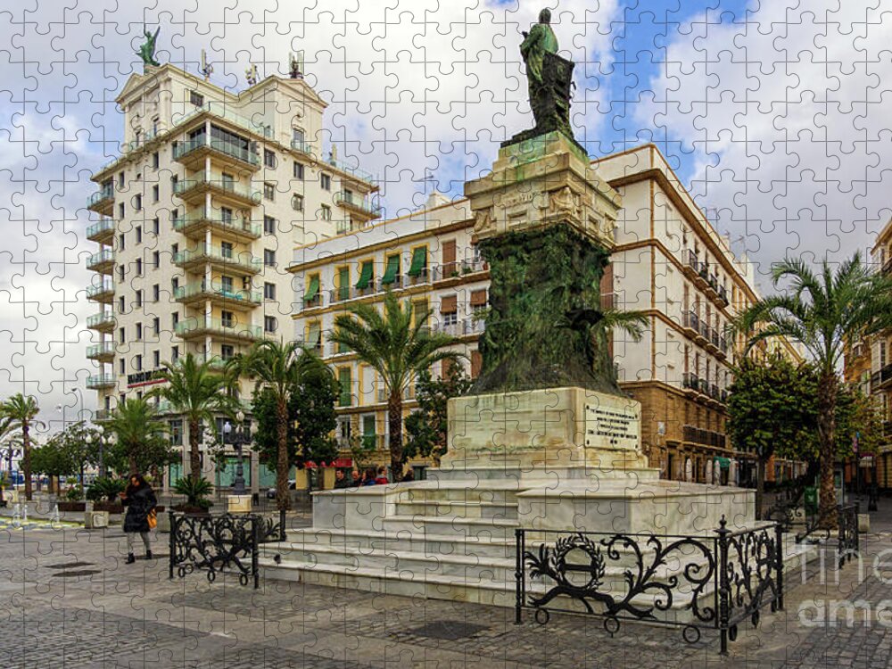 Day Jigsaw Puzzle featuring the photograph Moret Monument an Fenix Building in San Juan de Dios Square Cadiz Andalusia by Pablo Avanzini