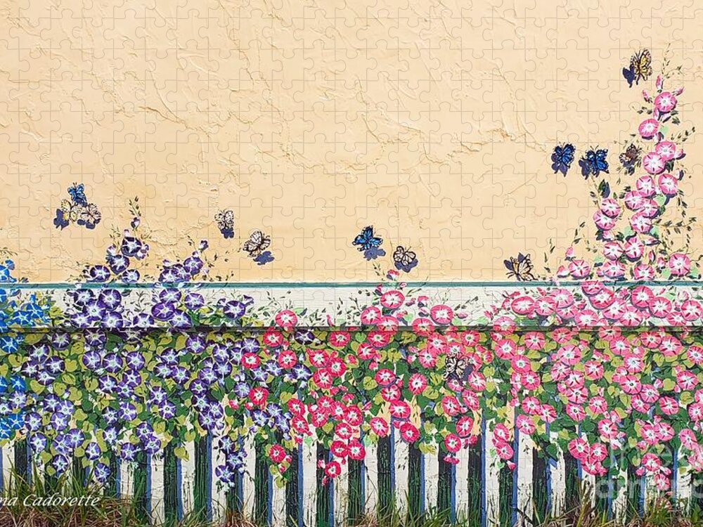 Mural Jigsaw Puzzle featuring the painting Morning Glories and Butterflies, II by Merana Cadorette