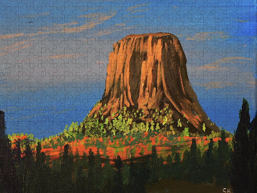 Devil's Tower Jigsaw Puzzle featuring the painting Morning Light on Devil's Tower, Wyoming by Chance Kafka