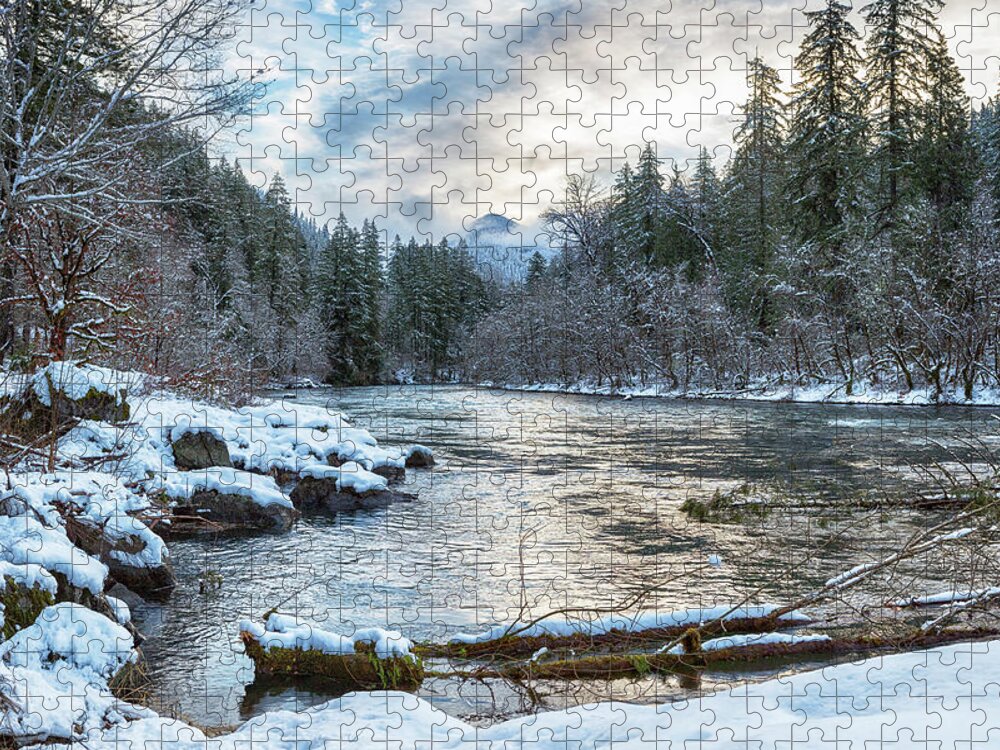 Mckenzie River Jigsaw Puzzle featuring the photograph Morning on the McKenzie River Between Snowfalls by Belinda Greb