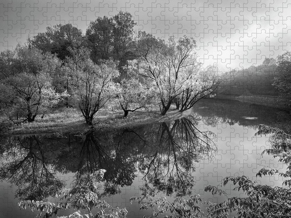 Black Jigsaw Puzzle featuring the photograph Morning Reflections on the River Black and White by Debra and Dave Vanderlaan