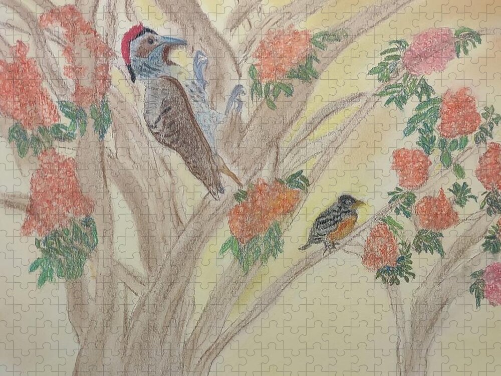Woodpecker Jigsaw Puzzle featuring the pastel Morning Sounds by Suzanne Berthier