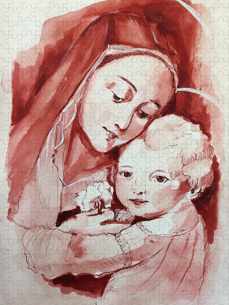 Mother And Child Jigsaw Puzzle featuring the drawing Mother and Child by Carolina Prieto Moreno
