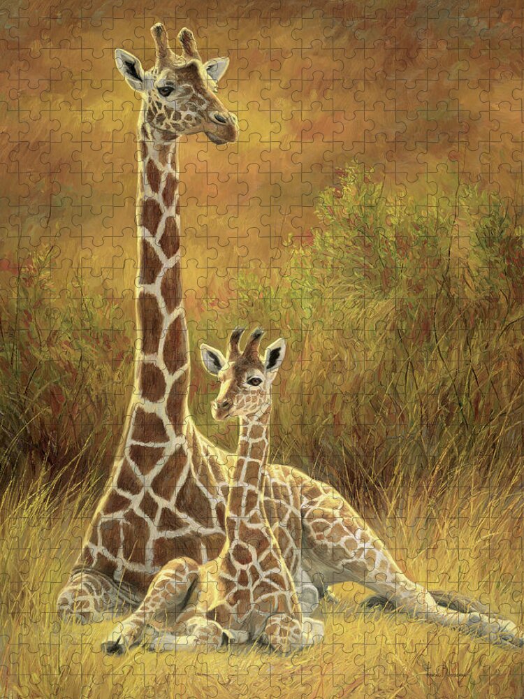 Giraffe Jigsaw Puzzle featuring the painting Mother and Son by Lucie Bilodeau