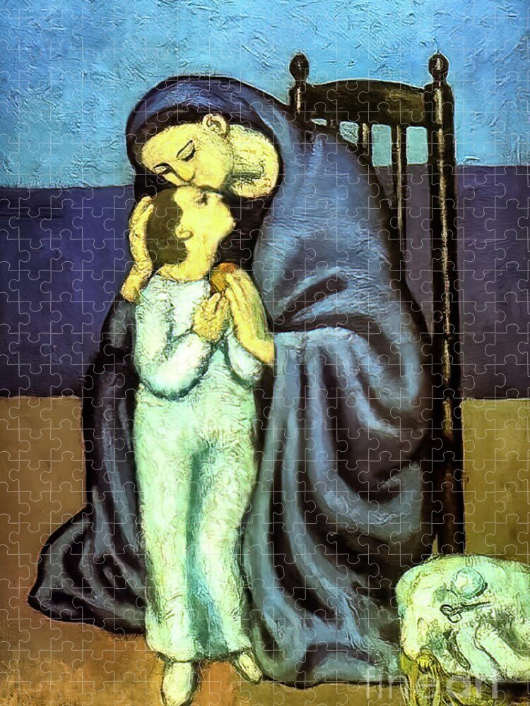 Motherhood Jigsaw Puzzle featuring the painting Motherhood by Pablo Picasso 1901 by Pablo Picasso