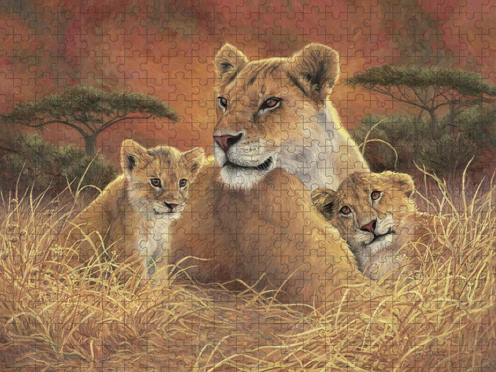 Lion Jigsaw Puzzle featuring the painting Motherly by Lucie Bilodeau