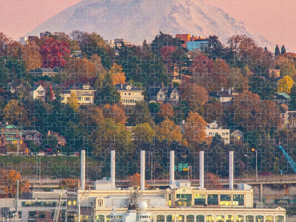 Mount Rainier Jigsaw Puzzle featuring the photograph Mount Rainier Rising Above Fall Colors In Seattle by Matt McDonald