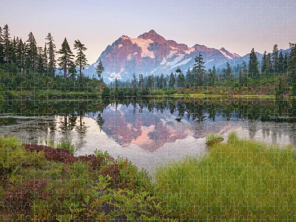 Washington Jigsaw Puzzle featuring the photograph Mount Shuksan Reflecting in Picture Lake by Alexander Kunz