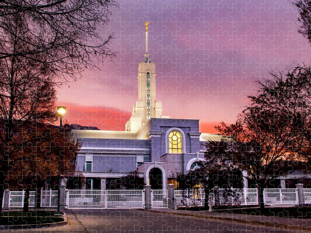Trees Jigsaw Puzzle featuring the photograph Mount Timpanogos Temple at Sunrise by K Bradley Washburn