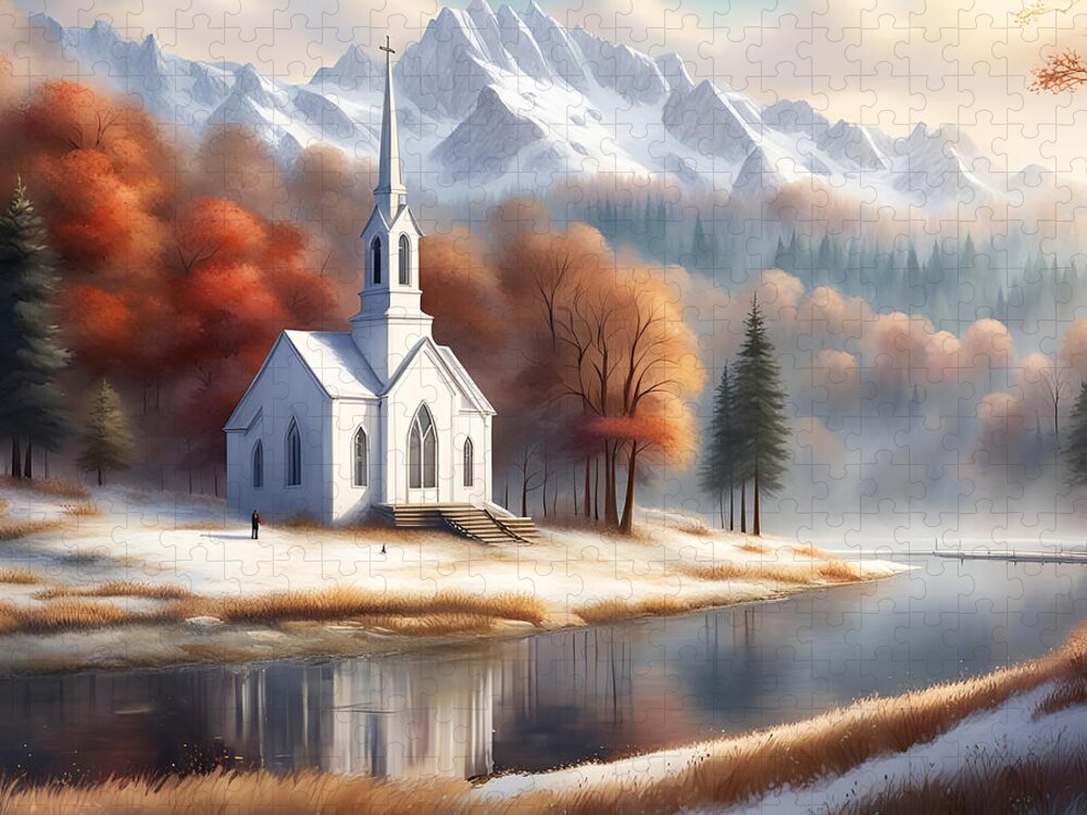 Church Jigsaw Puzzle featuring the digital art Mountain Church 06DEC23 by Greg Joens