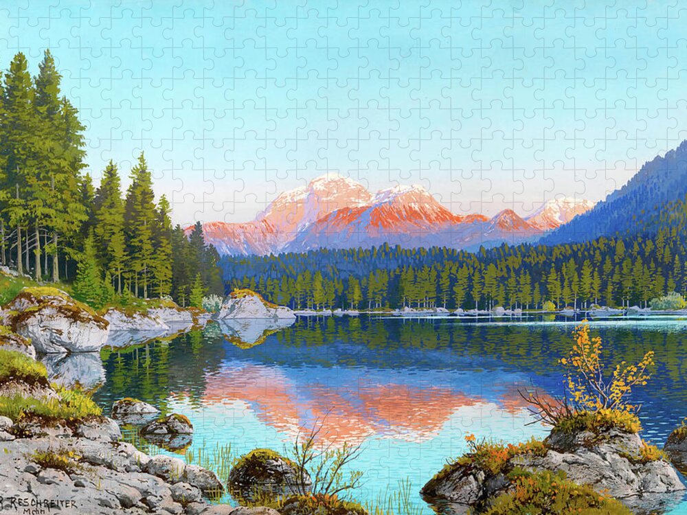 Vintage Jigsaw Puzzle featuring the digital art Mountain Lake by Gary Grayson