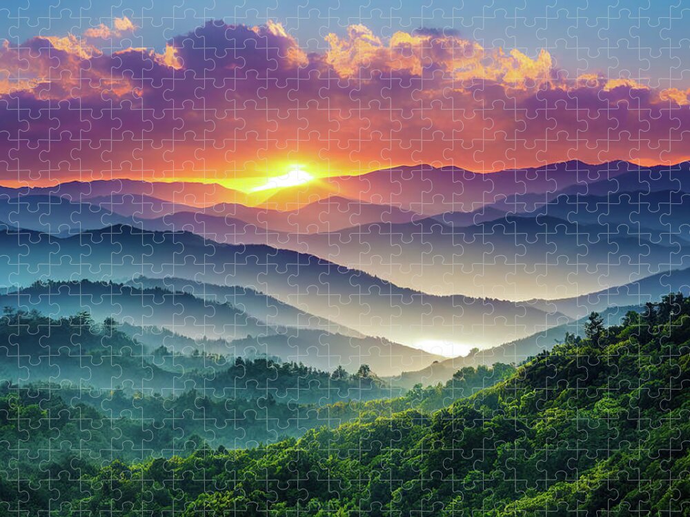 Landscape Jigsaw Puzzle featuring the digital art Mountain Landscape at Sunrise 01 by Matthias Hauser