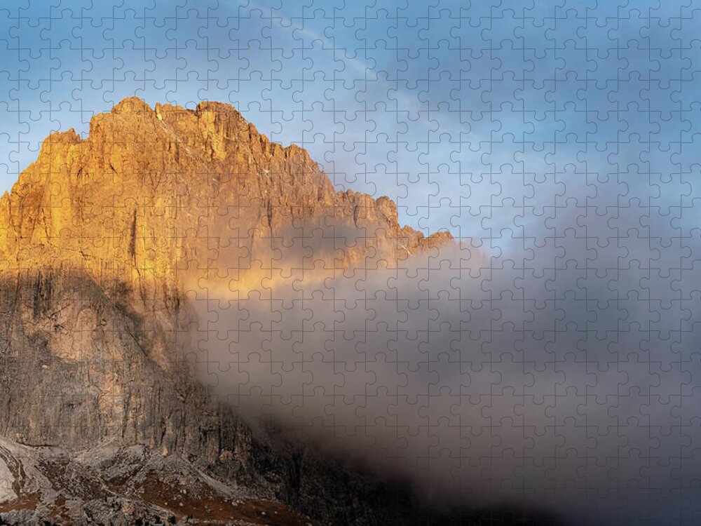 Passo Sella Jigsaw Puzzle featuring the photograph Mountain peaks during sunrise. Dolomit, Italy by Michalakis Ppalis