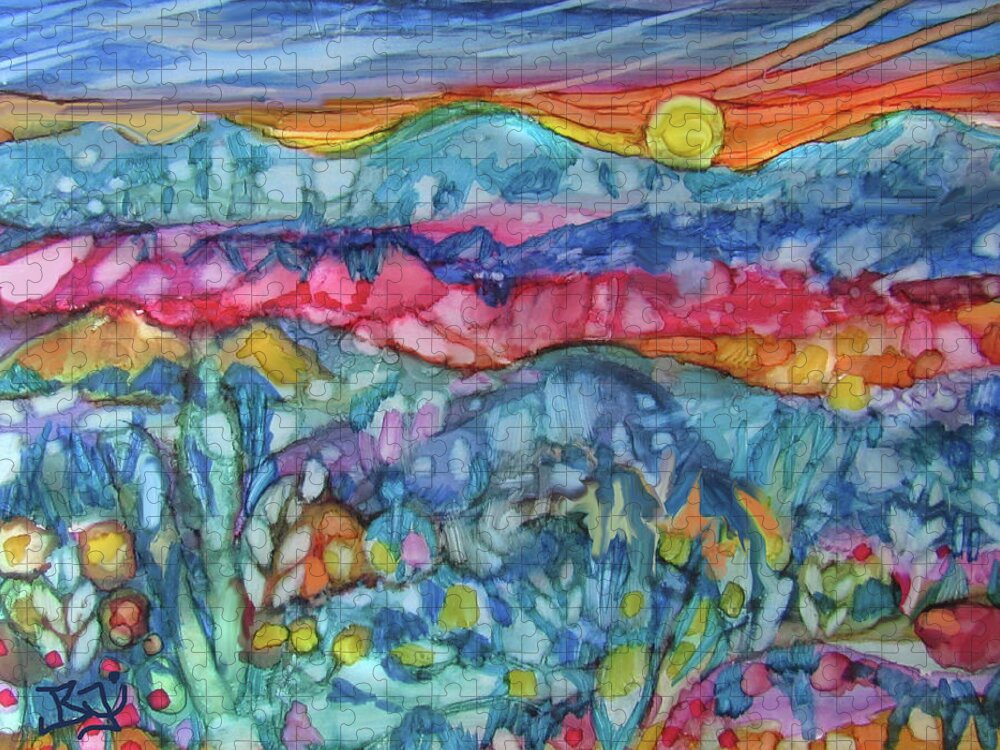 Alcohol Ink Expressionism Jigsaw Puzzle featuring the painting Mountain Sunset Abstract by Jean Batzell Fitzgerald
