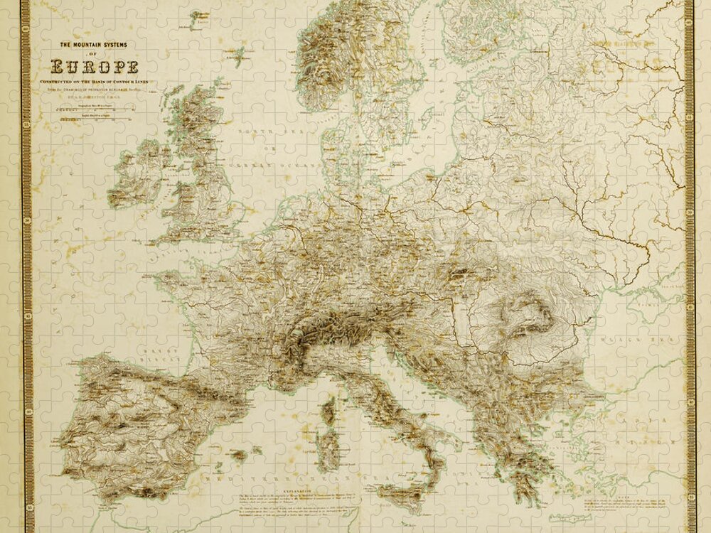 Maps Jigsaw Puzzle featuring the drawing Mountain Systems of Europe by Vintage Maps