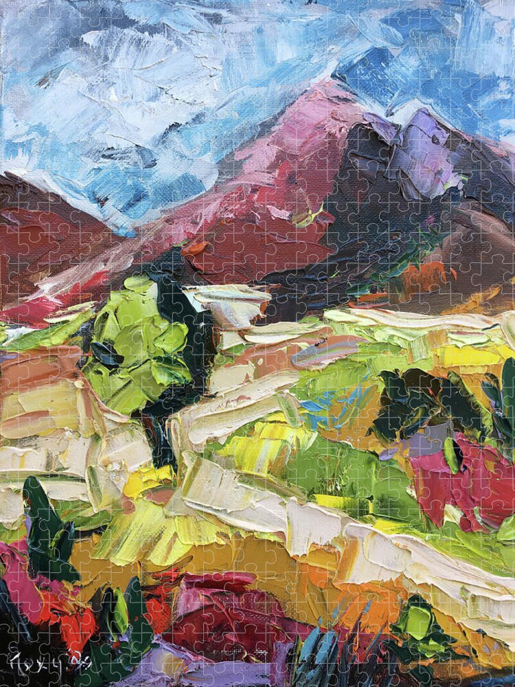 Original Oil Painting Jigsaw Puzzle featuring the painting Mountain Trails by Roxy Rich