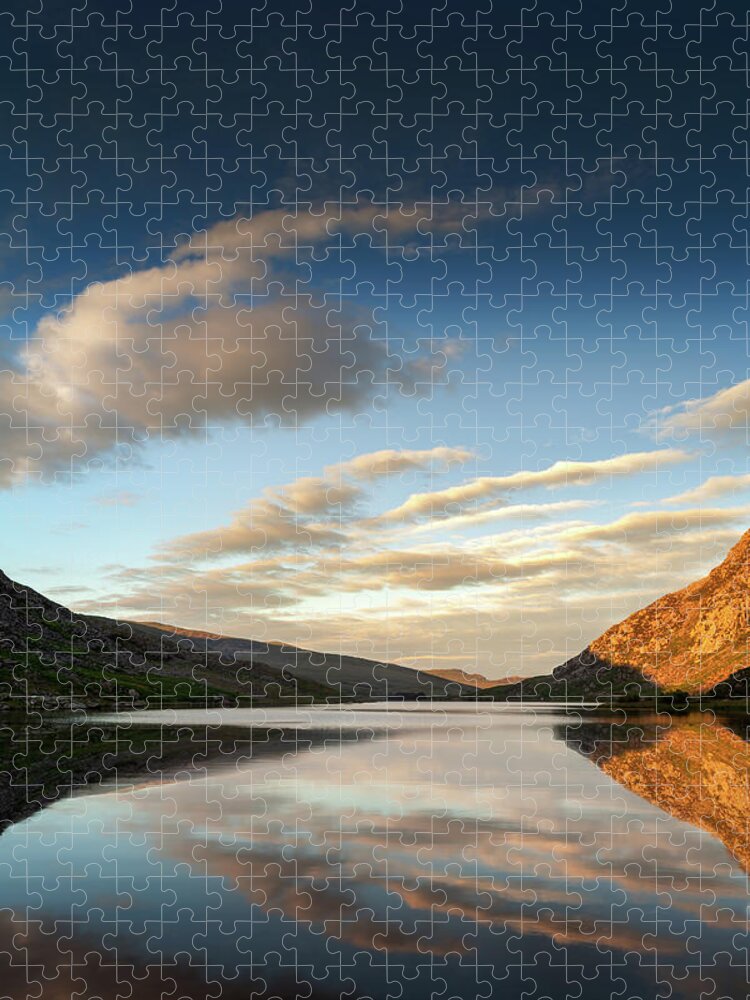 Llyn Ogwen Jigsaw Puzzle featuring the photograph Mountains reflected into Llyn Ogwen at sunset, North Wales by Victoria Ashman