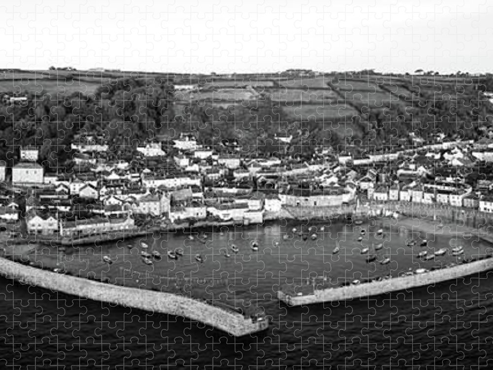 Coast Jigsaw Puzzle featuring the photograph Mousehole Fishing Village Harbour Aerial black and white by Sonny Ryse