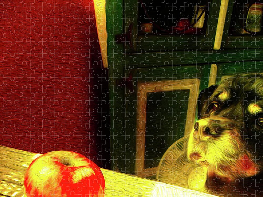 Rottweiler Digital Portrait Jigsaw Puzzle featuring the digital art Mozart and his Apple by Miss Pet Sitter