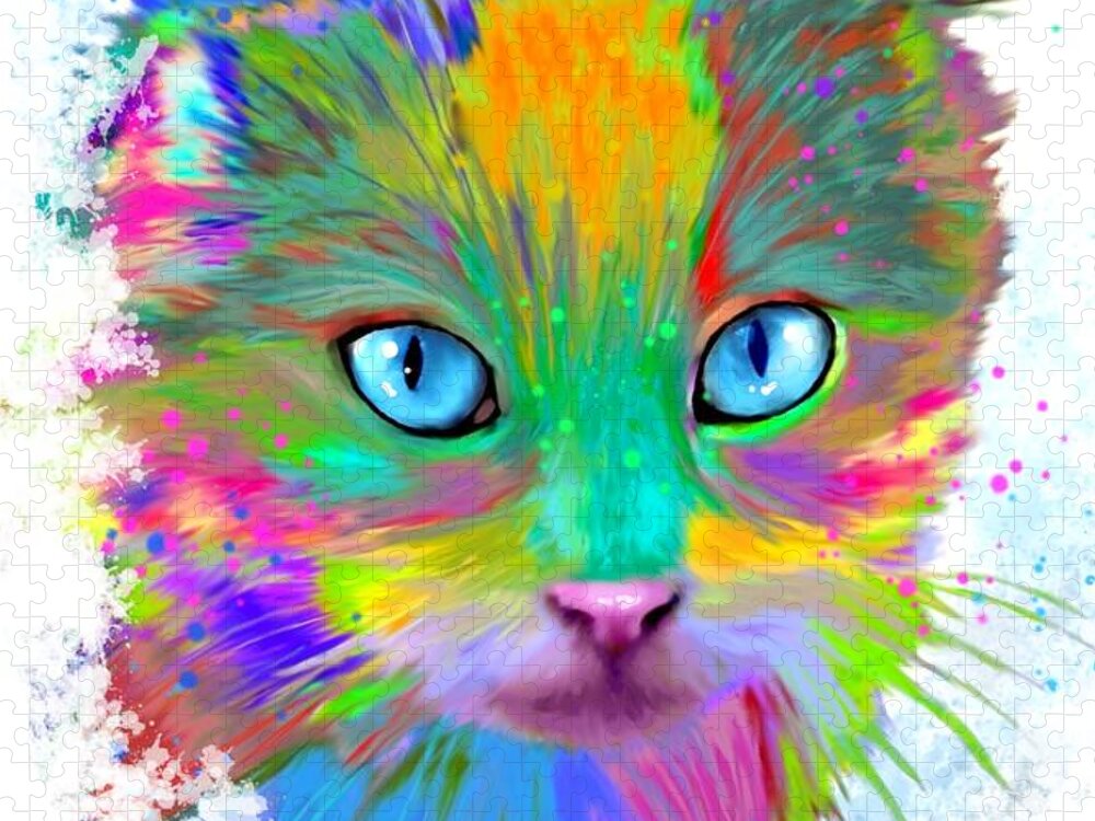 Cat Jigsaw Puzzle featuring the digital art Multicolor Cat 688 by Lucie Dumas