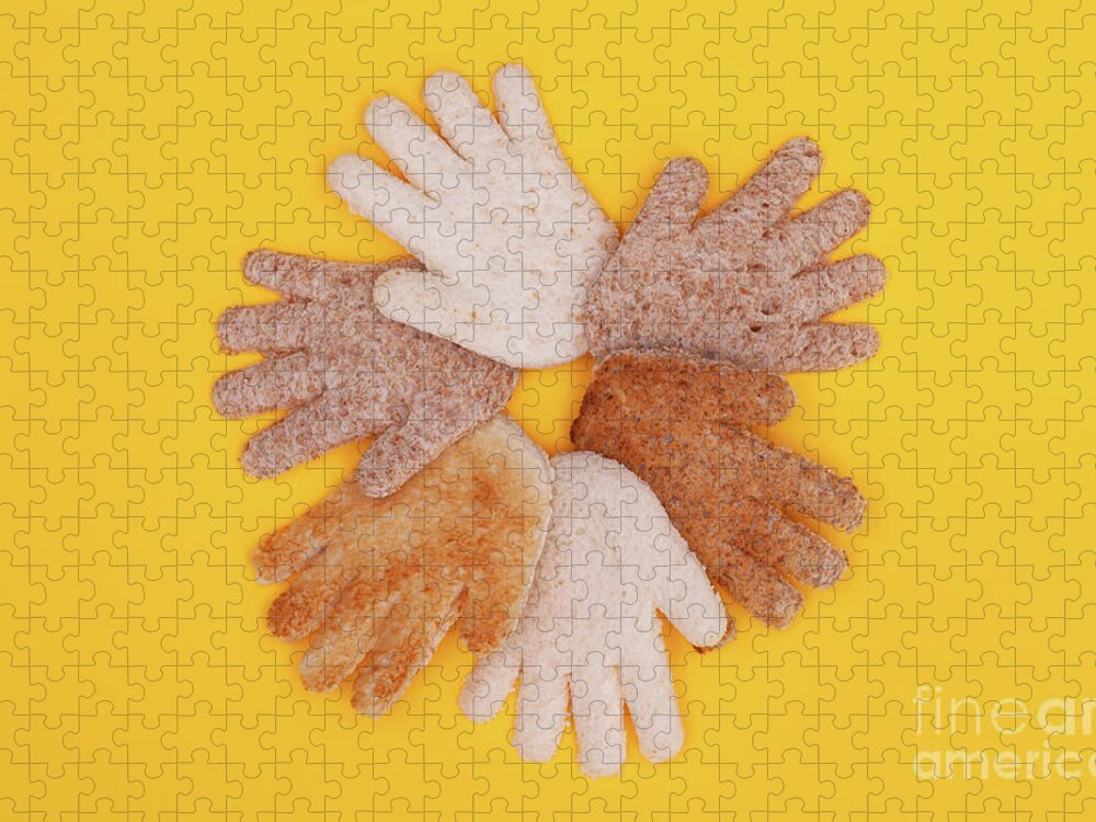 Hands Jigsaw Puzzle featuring the photograph Multicultural hands circle concept made from bread by Simon Bratt