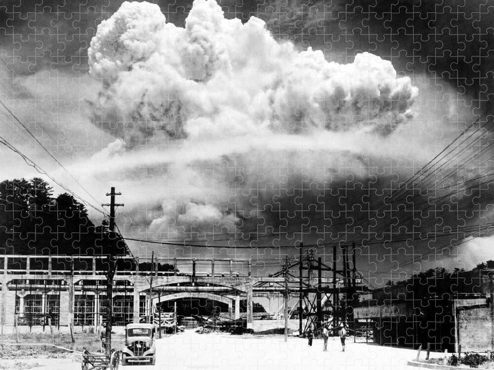 Atomic Bomb Jigsaw Puzzle featuring the photograph Mushroom Cloud Over Nagasaki From Koyagi-jima - WW2 - 1945 by War Is Hell Store