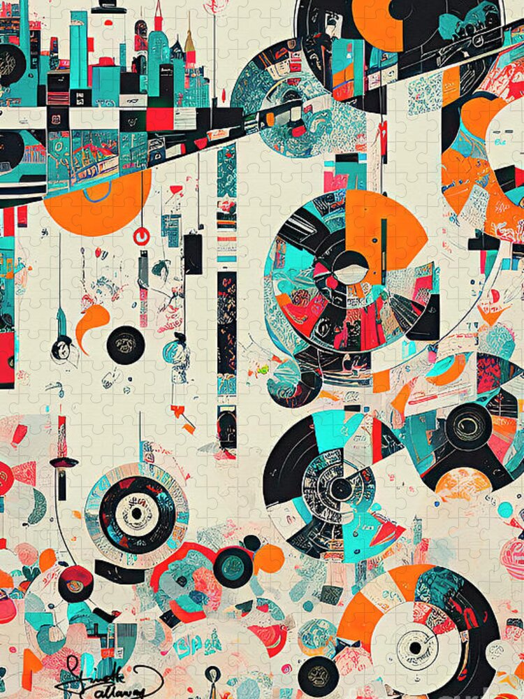 Abstract Vintage Music Jigsaw Puzzle featuring the digital art Music City Abstract Vinyl Records Vintage Modern Art by Ginette Callaway