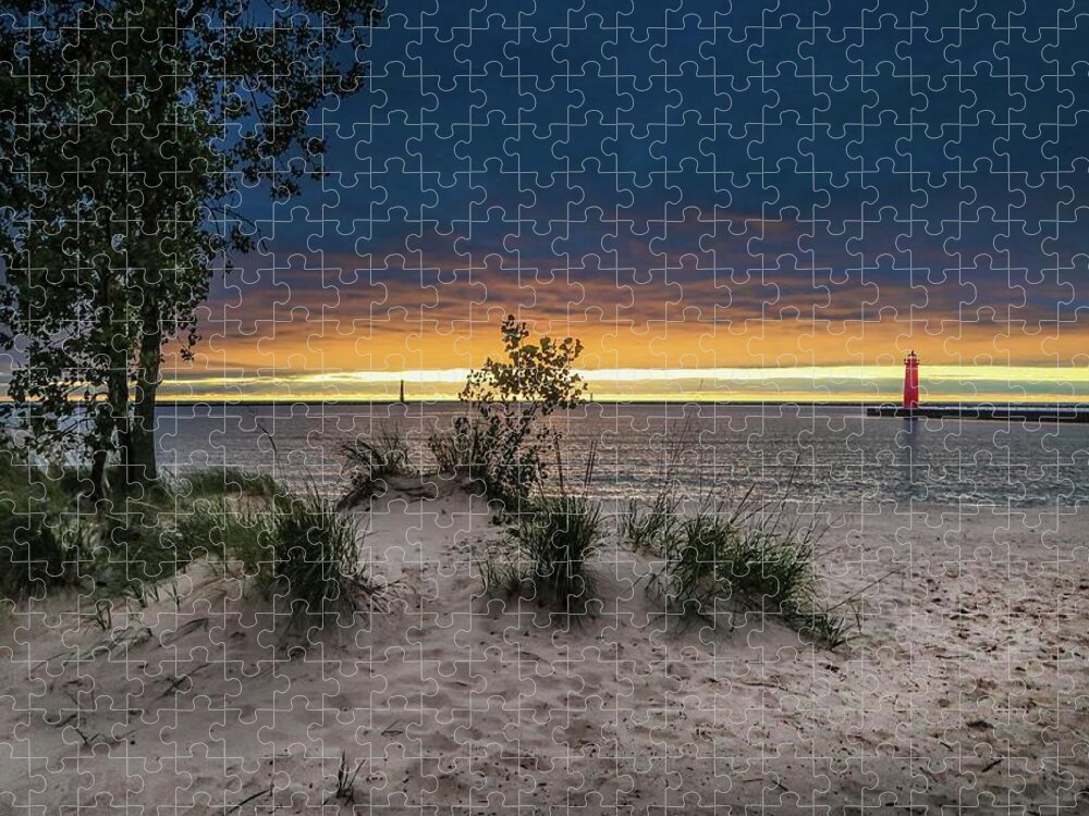  Jigsaw Puzzle featuring the photograph Muskegon Beach and Lighthouse Sunset IMG_5857 by Michael Thomas